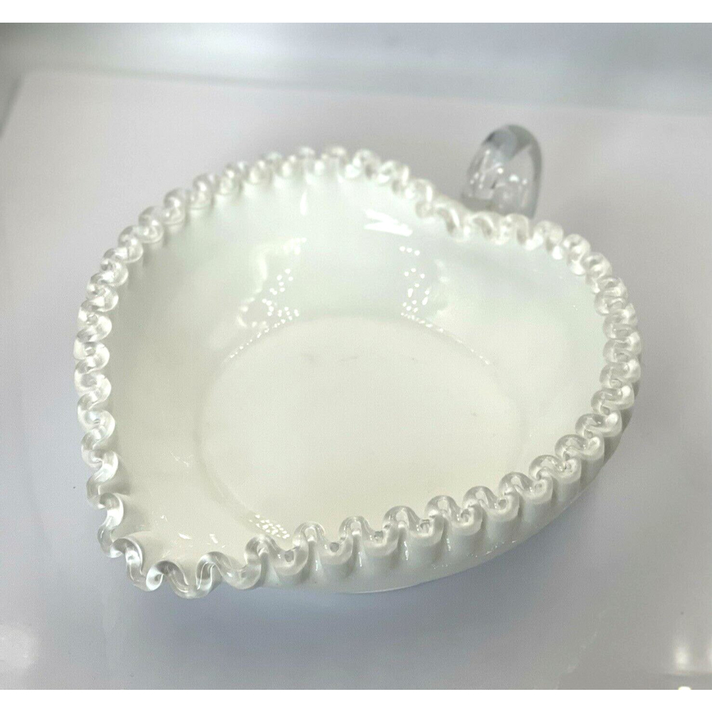 Vintage Fenton White Milk Glass Silver Crest Heart Shaped Relish Dish Handle